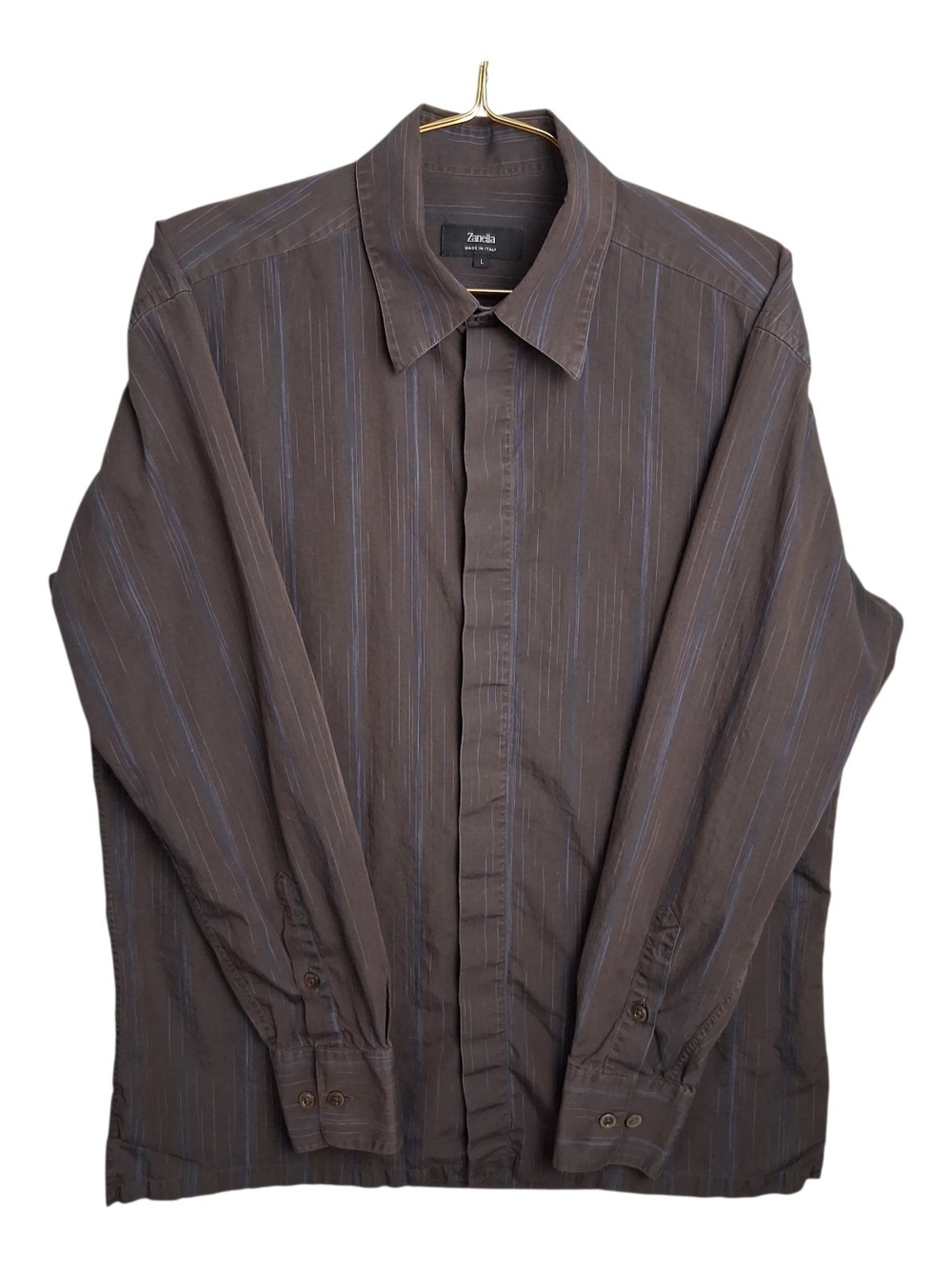 Zanella Italy Mens Large Dress Shirt Brown Blue Vertical Stripe Sample Cotton L